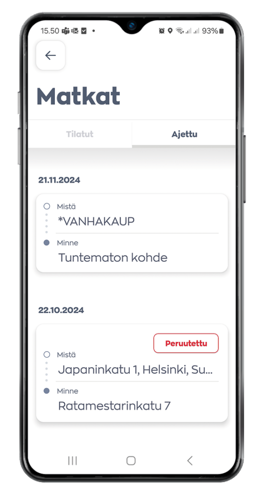 Sovelluksen 'Matkat'-sivu, jossa asiakas voi tarkastella tulevia ennakkotilausmatkoja ja ajettuja matkoja