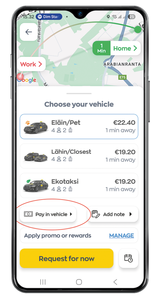 App screen where the customer can select the payment method for the upcoming taxi ride