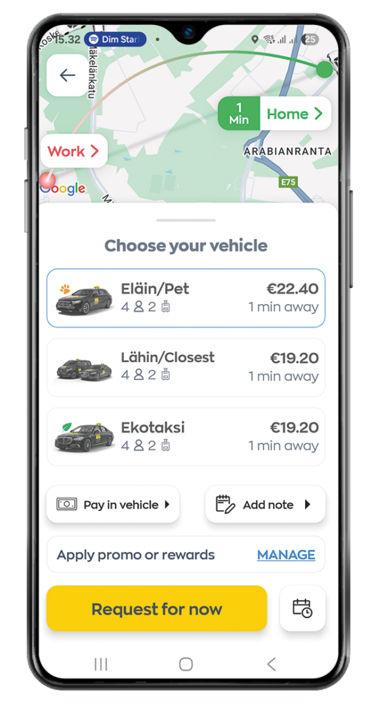 The app’s order page where the customer can browse and select their preferred car type