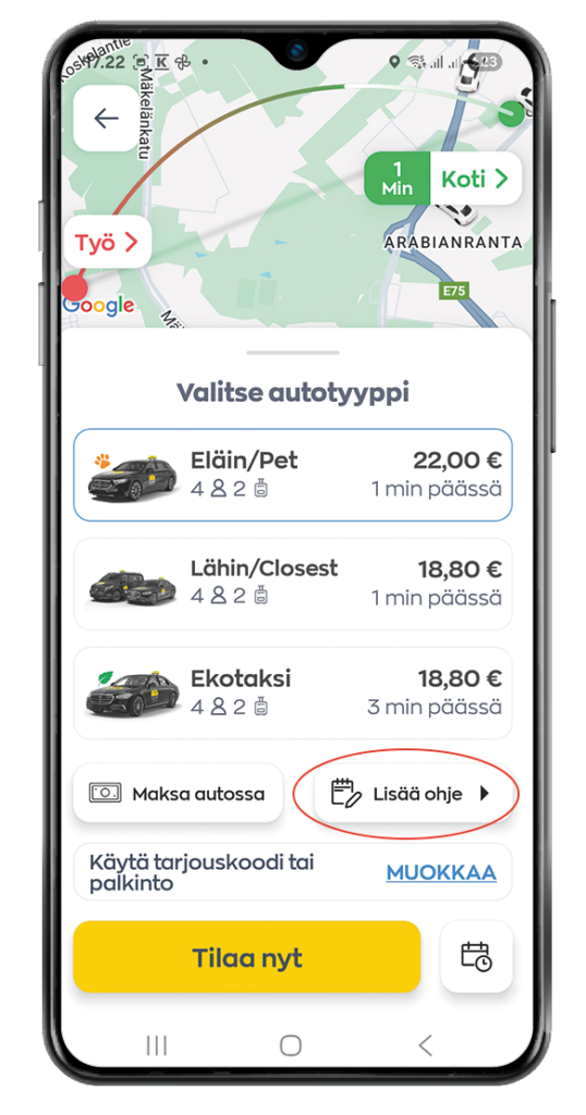 Sovelluksen tilaussivu, jossa ympyröity 'lisää ohje' -kuvake, jota painamalla asiakas voi antaa lisäohjeita kuljettajalle