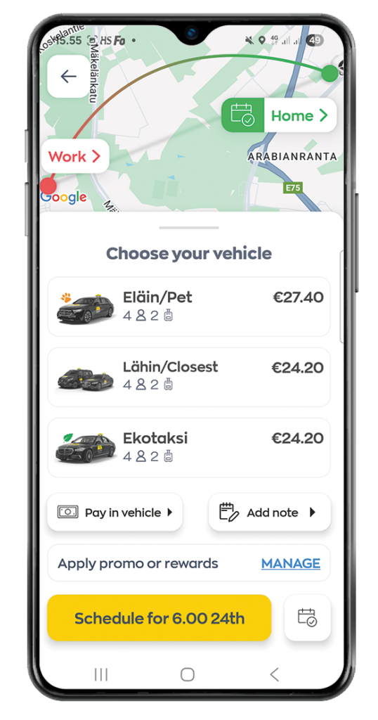 App pre-booking page where the customer confirms the selected pickup time using the yellow button