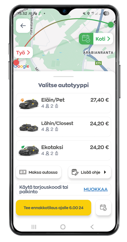 Sovelluksen ennakkotilaussivu, jossa asiakas vahvistaa valitsemansa noutoajan keltaisesta painikkeesta