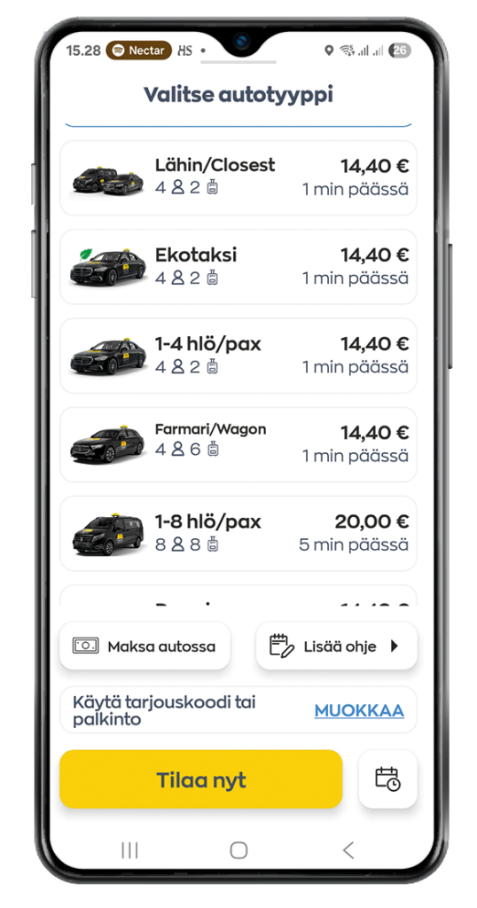 Sovelluksen tilaussivu, jossa asiakas voi selata ja valita haluamansa autotyypin