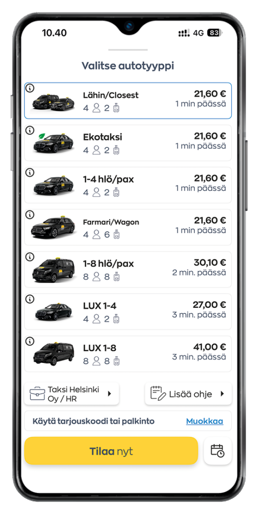 Sovelluksen tilaussivu, jossa asiakas voi selata ja valita haluamansa autotyypin